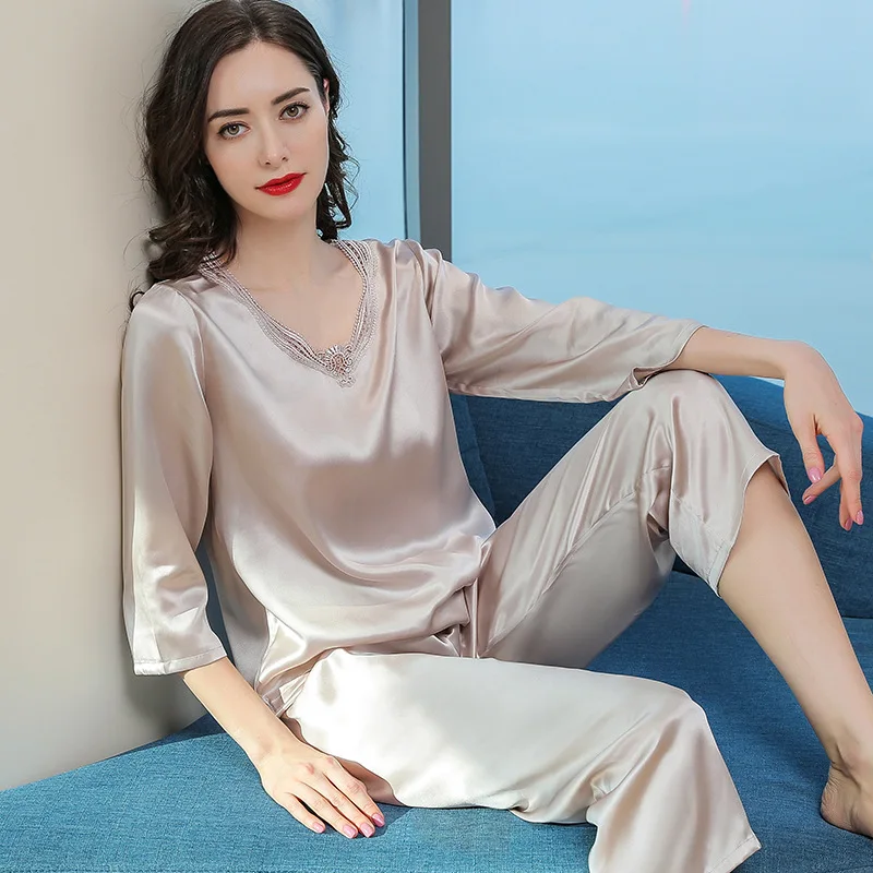 Women's Silk Pajamas Summer Thin Section Long Sleeve Suit Loose Tracksuit Two-Piece Spring and Autumn