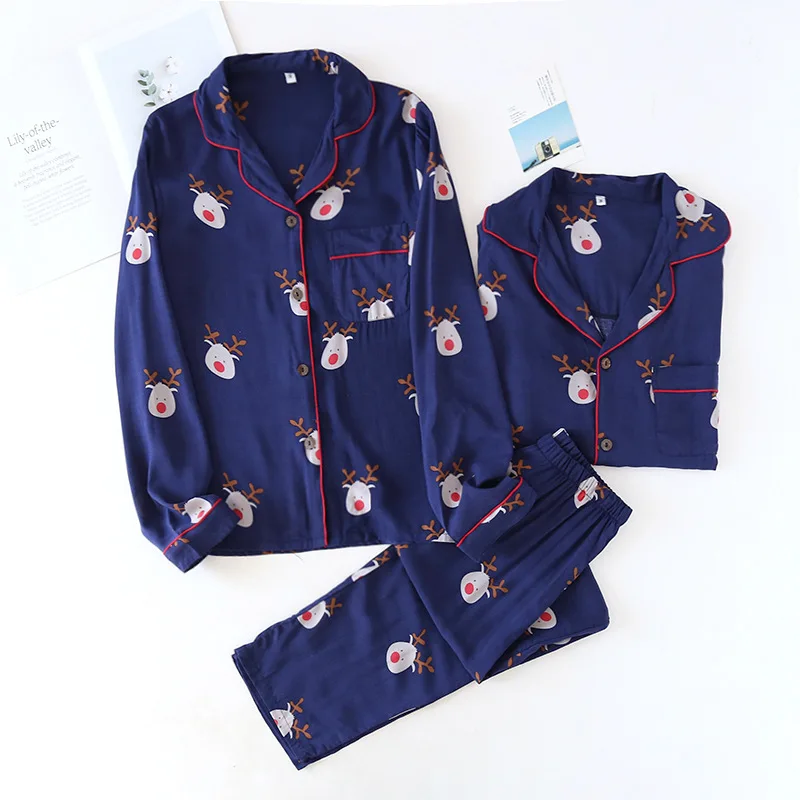 

Couples Spring Summer Long-sleeved Casual Simple Natural Cotton Printed Pajamas, Viscose Women Plus Size Homewear Two-piece Suit