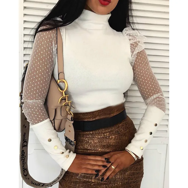 Женский пуловер в горошек с длинными рукавами пышными сетчатыми вставками