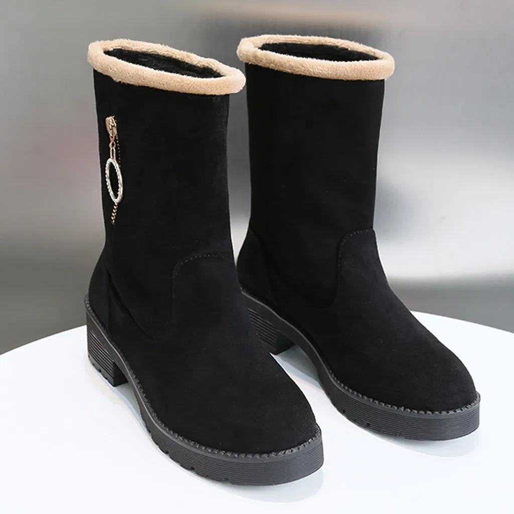 Теплые замшевые сапоги до середины икры модные женские ботинки на квадратном