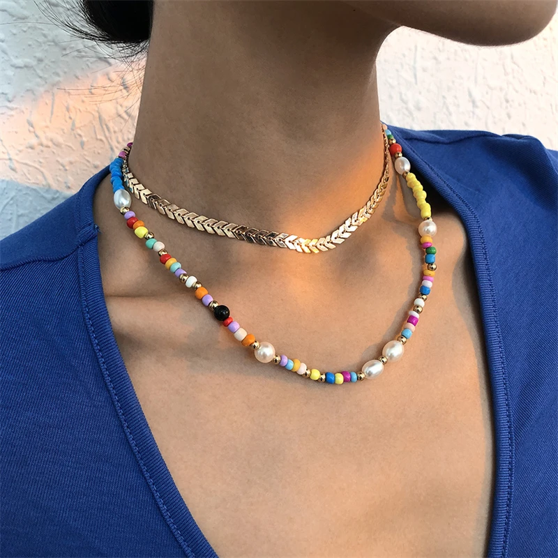 

New Ethnic Style Wheat-Shaped Golden Clavicle Chain Bohemian Fashion Color Beaded Necklace For Ladies And Girl Jewelry Best Gift