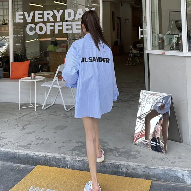 

Jil 21 Early Autumn Fashion New Long Sleeve Lapel Stripe Shirt Printed Letter Breasted Casual Top Women Long Sleeve Blouse