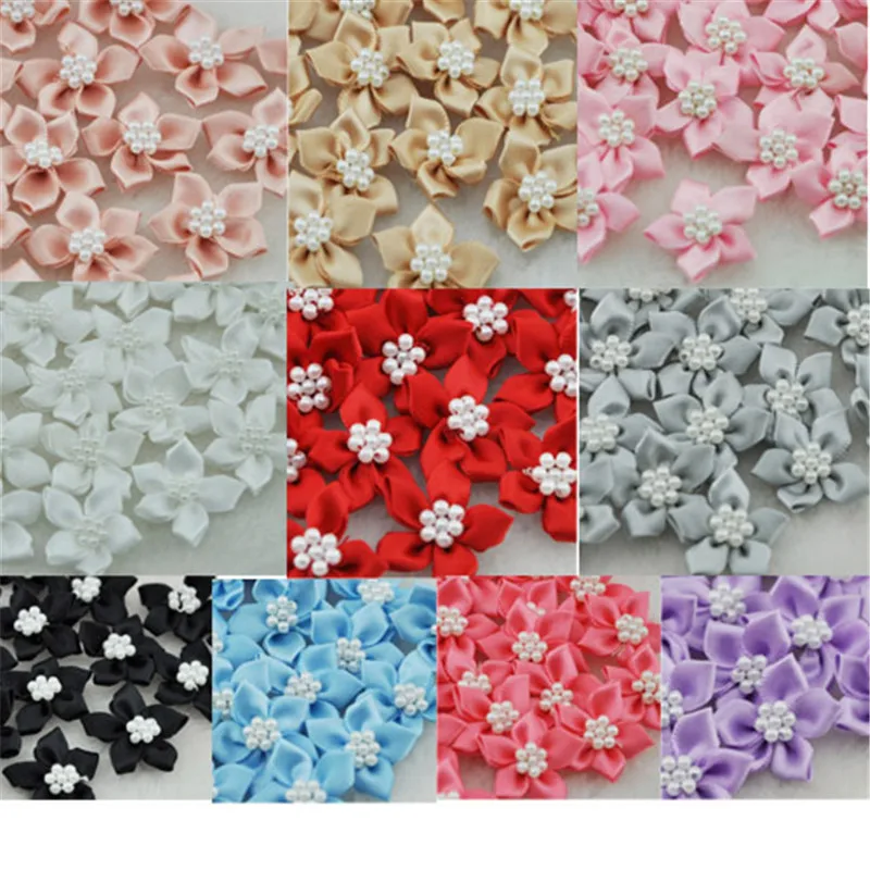 

40 pcs Satin Ribbon Flowers Bows W/beads Appliques Wedding Decor Lots Mix E46