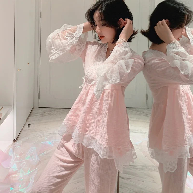 LY весна и осень новая Корейская версия хлопковой марли Женский пижамный комплект