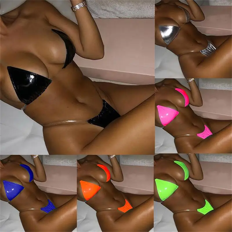 

2021 New Solid Color Leather Bikinis Women 2pcs Summer Swimwear Bikini Sets Swimwear Beachwear