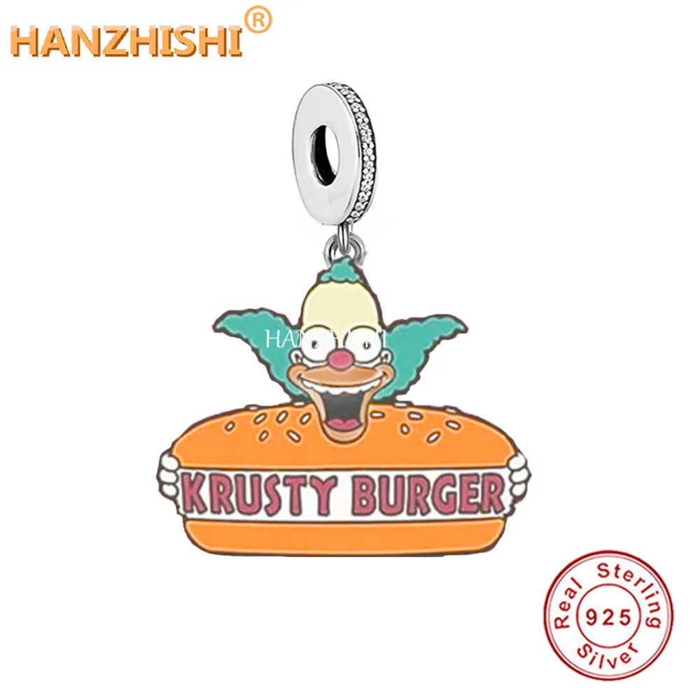 

925 Sterling Silver Cartoon Big Hamburger Dangle Charms Beads Fit Original Brand Bracelet Necklace Jewelry Gift For Women Men