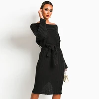new spring slimming office chic elegant knitting sweater waist belt one shoulder full sleeve bodycon sexy sweater dress