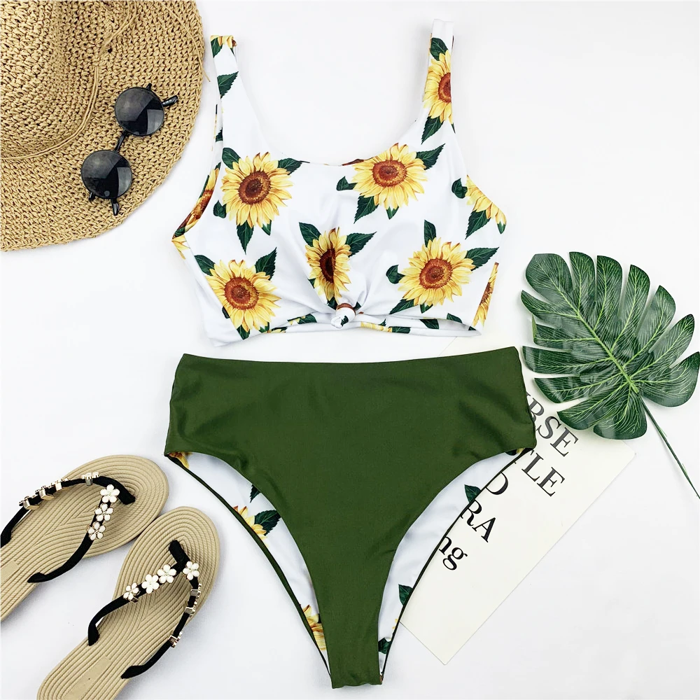 Высокая талия бикини женский цветочный принт Купальник укороченный топ
