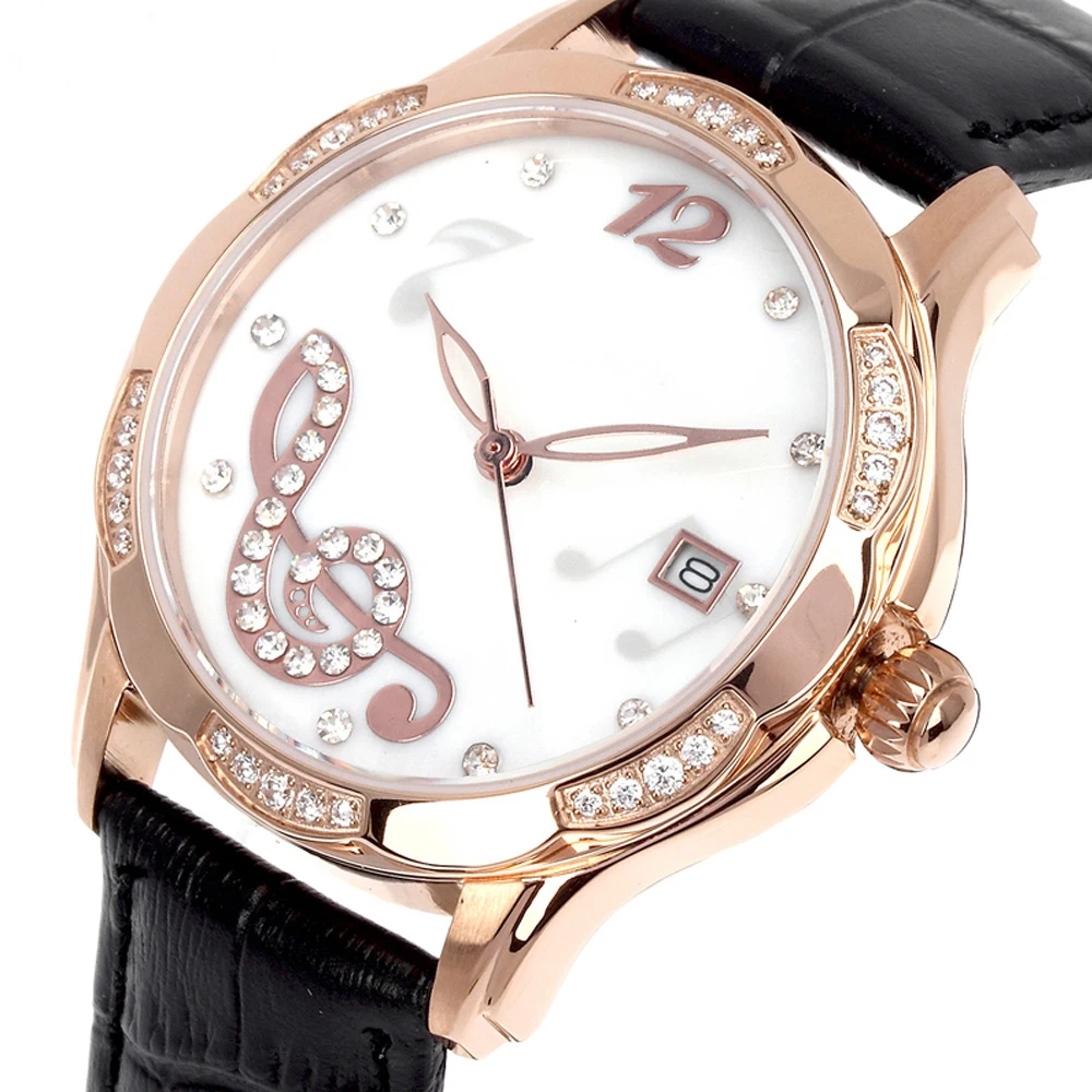 Real Leather Strap Rose Gold/White Copper Watch for women Round case Note dial Crystal stones Gorgeous Watches for women