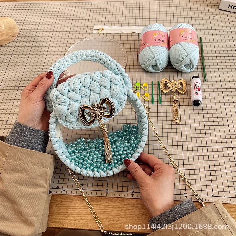 

Woven Bag Handmade DIY Material Bag Tassel Bow Shoulder Messenger Bag Transparent Women's Bag Homemade Finished Product