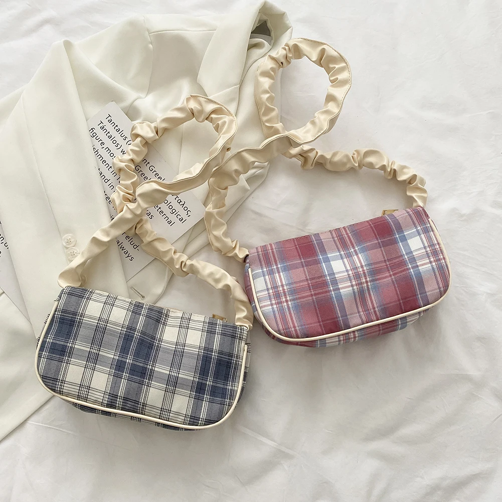 

2021 Vintage Women Pleated Plaid Print Shoulder Crossbody Bags Casual Canvas Handbags Women's Fashion Handbags