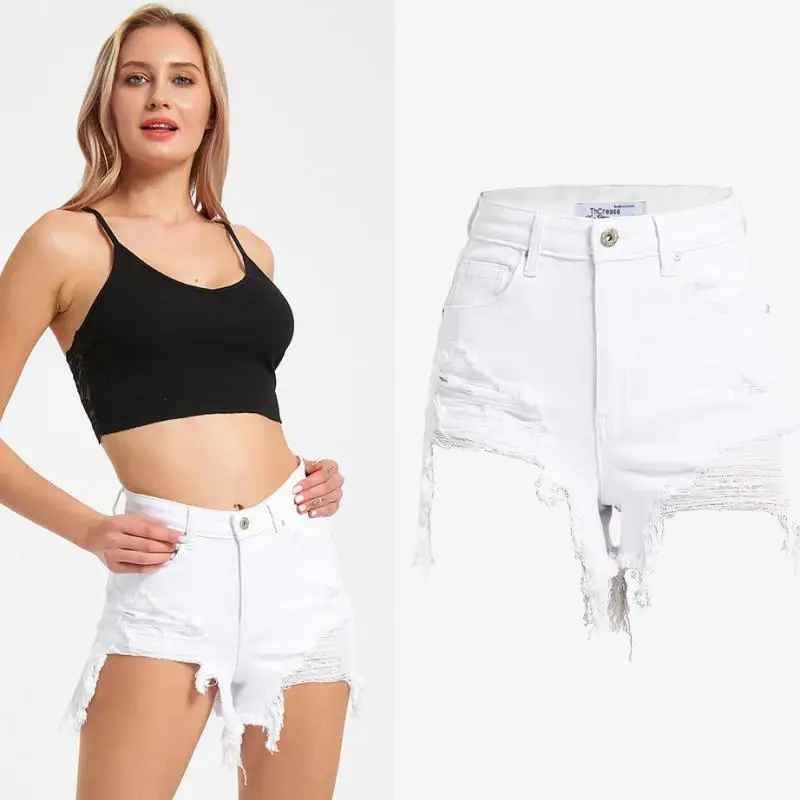 

2021 Women's Sexy Denim Shorts Pure White Vacation Style Loose Stretch Tassel Exposed Pocket Summer Beach Hot Shorts