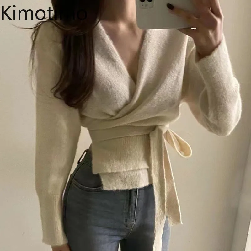 

Kimotimo Gentle Sweater Women Korean Chic Lightly Ripe Cross V-neck Belt Waist Pullover Autumn Winter Solid Irregular Sweaters