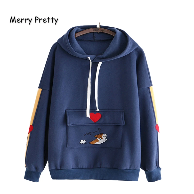 

Женские толстовки с капюшоном MERRY PRETTY, милые толстовки в стиле Харадзюку С мультяшной собакой и вышивкой, зимние Бархатные пуловеры