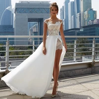 a line beach bridal gown button back sexy side high split wedding dresses 2021 sheer o neck cap sleeve lace appliques chiffon
