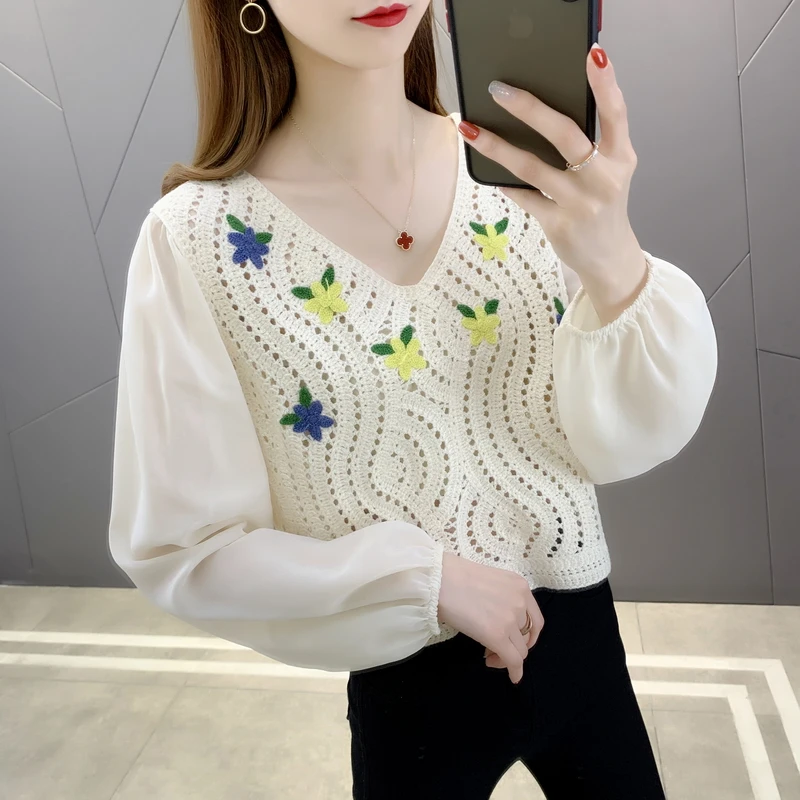 

Room 200573, 2 lines under 3 】 collaosed v-neck lace sets splicing sleeve printed hollow-out sweater 33