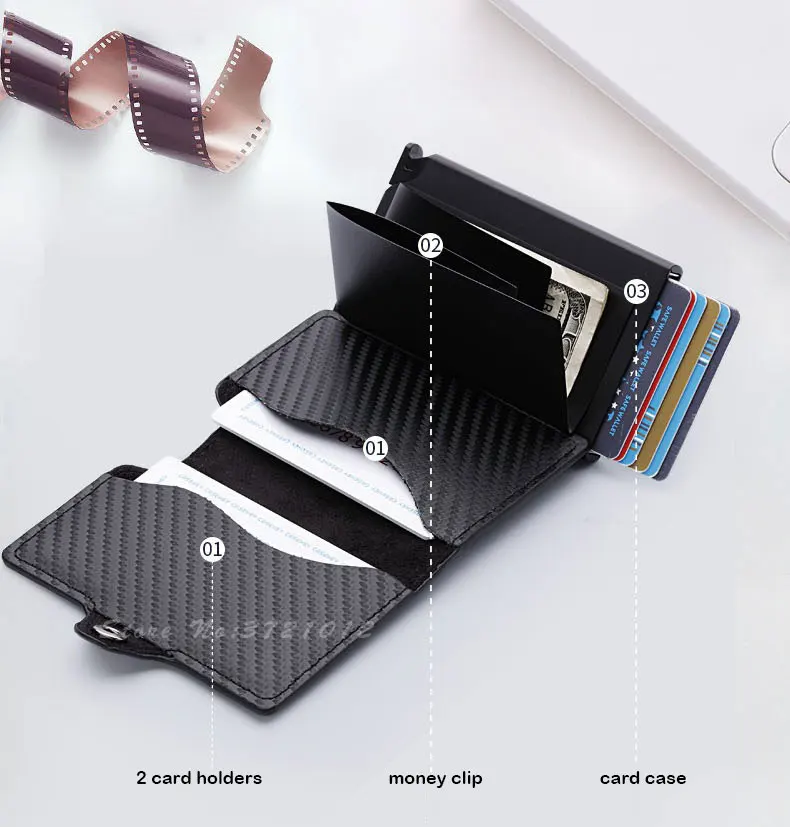 RFID модный мужской карбоновый кожаный держатель для кредитных карт Автоматический Алюминиевый металлический держатель для карт мужской кошелек Тонкий Чехол кошелек