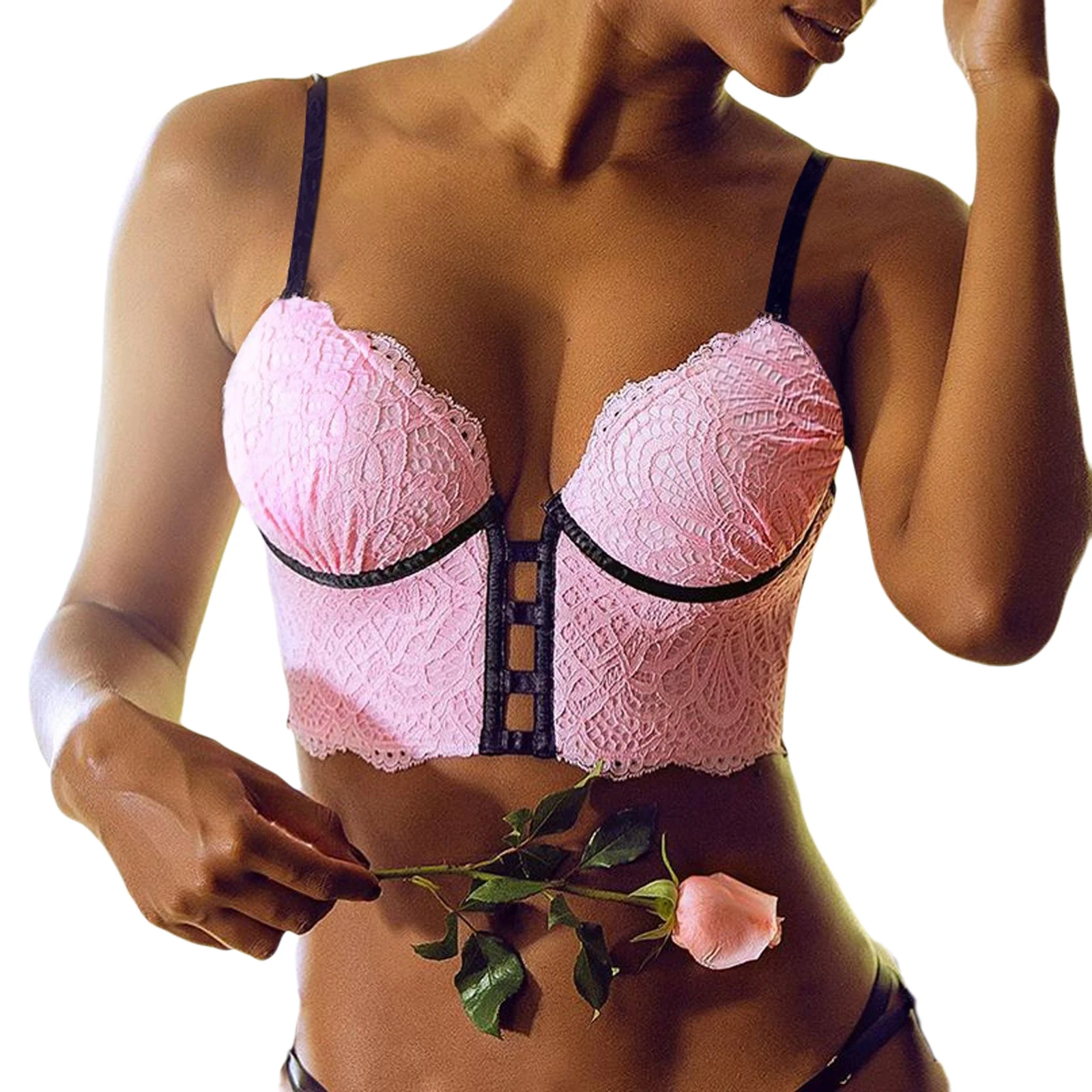 

Women's Two Piece Underwear See Through Underpants Set Pink Sexy Strapless Sleeveless Frenulum of Chest