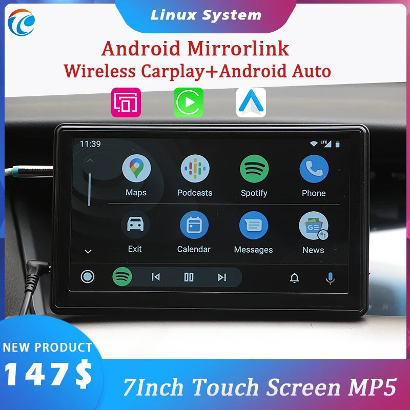 

7" Touch Screen Car Portable Wireless Apple CarPlay Android Auto Link Multimedia Bluetooth Navigation HD1080 Stereo Linux System