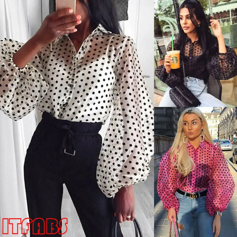 Женская прозрачная сетчатая блузка белая с длинными рукавами-фонариками и