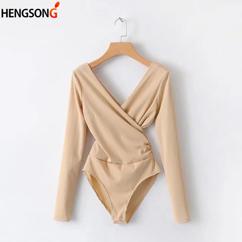 

2021 New Summer Women Long Sleeve Bodysuit Sexy Backless Bodysuit Black White Slim V-neck Bodysuit For Female