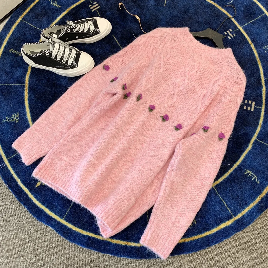 

Soft Pink Top Slouchy Age Reduction Lovely Woman Wearing Round Neck Loose Pullover Sweater