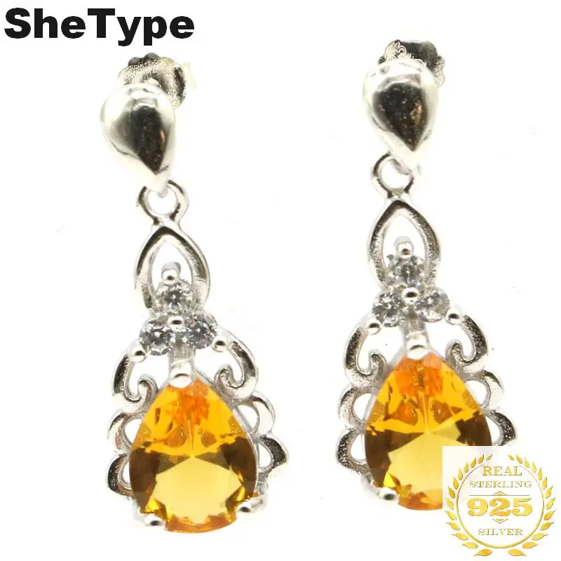 

24x10mm Elegant 3.75g Drop Shape Golden Citrine White CZ Gift For Girls 925 Solid Sterling Silver Stud Earrings