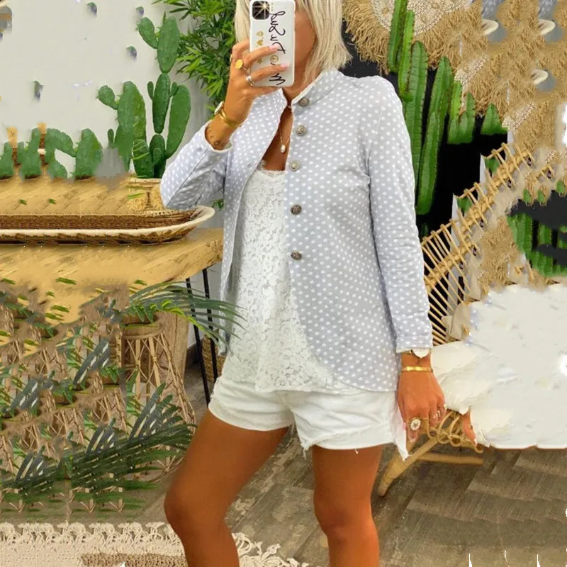 

2021 Autumn New Hot Sale Single-breasted Polka Dot Fashion Women Black Long Sleeve Office Ladies Splicing Printing Slim Fit Coat