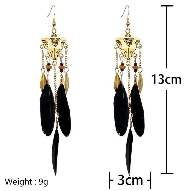 

Bohemian Ethnic Style Feather Earrings Jewelry 2021 Women Vintage Feather Tassel Dangle Drop Earrings Accessories