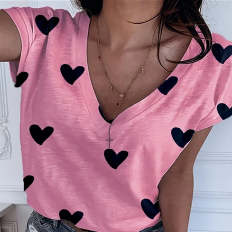 Женская футболка в форме сердца с V образным вырезом летняя женская коротким