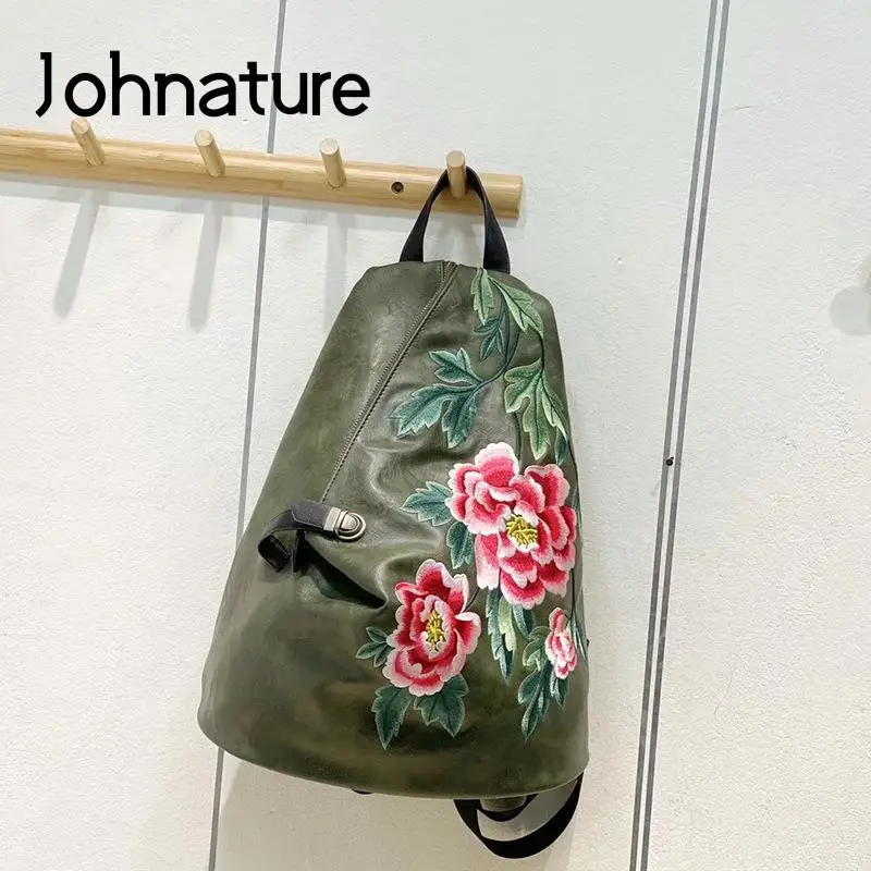 

Johnature Chinese Style Women Backpack 2022 New Retro Large Capacity Embroidered Leather Bag Casual Floral Travel Bags Backpacks