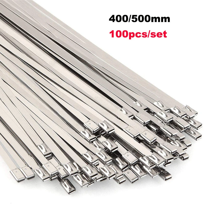 

304 4.6mm Stainless Steel Cable Ties Length 400/500mm Self-Locking Cable Zip Tie Multi-Purpose Metal Exhaust Wrap Locking 100Pcs