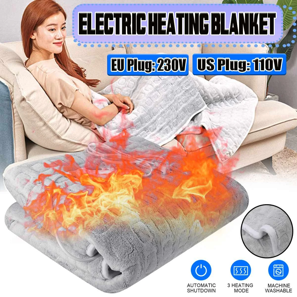 Electric Heater Heated Throw Blanket US/EU Plug Washable Flannel Cozy Warm Mattress Heating Pad 3-Level Adjustable Temperature