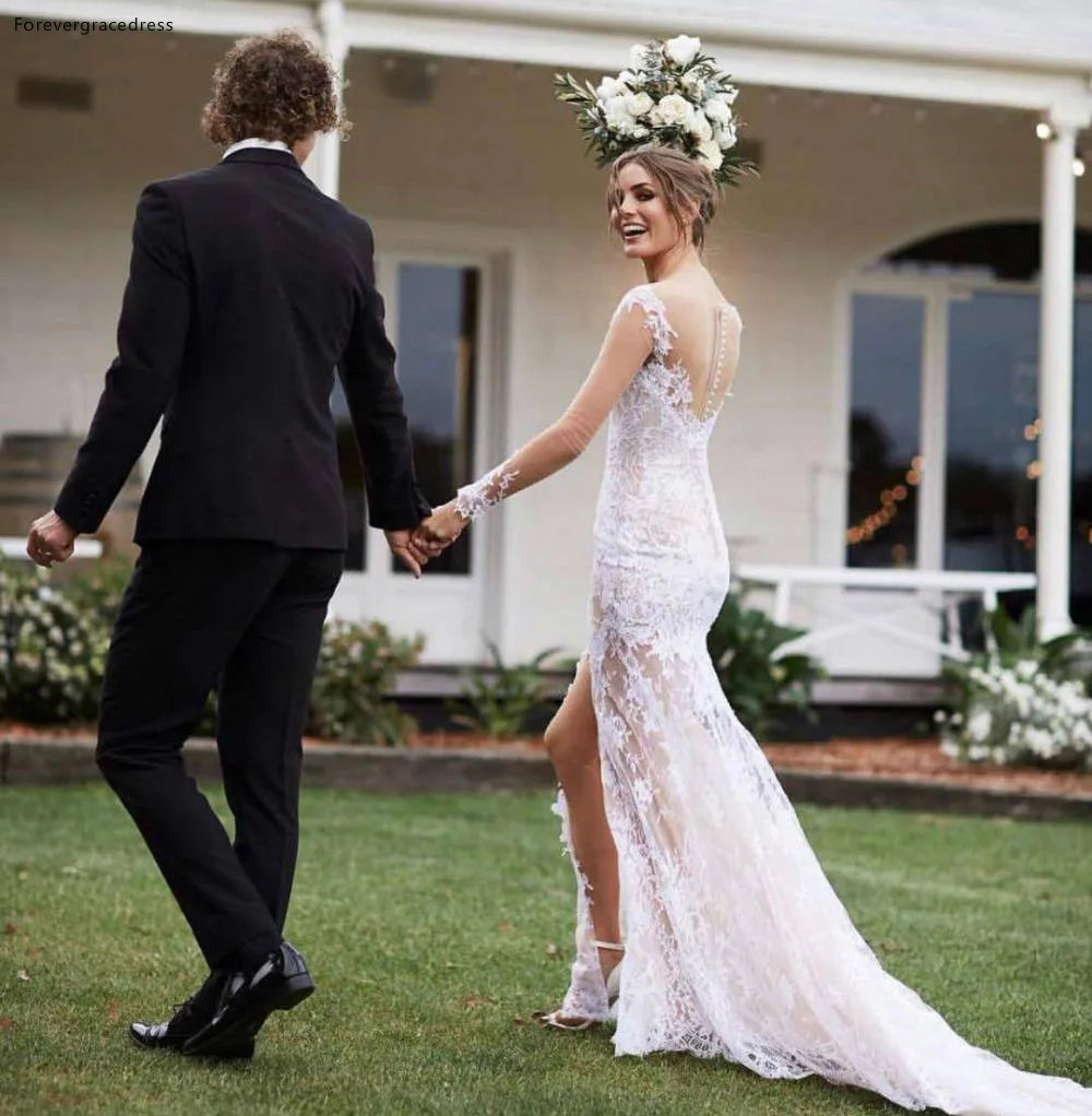 

Boho Lace Mermaid Wedding Dress Sexy Front Split Sheer Long Sleeves Open Back Vestido De Noiva Bohemia Bridal Gowns