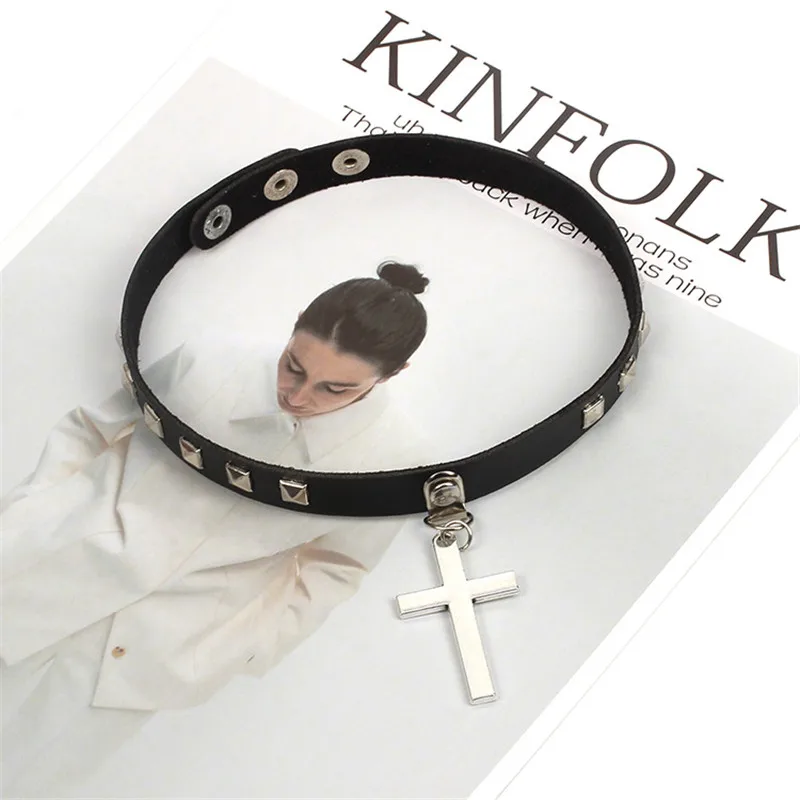 

Egirl Harajuku Silver Color Cross Pendant Sexy Night Club Choker Necklace for Girl Women Black Rivet Punk Leather Collar Choker