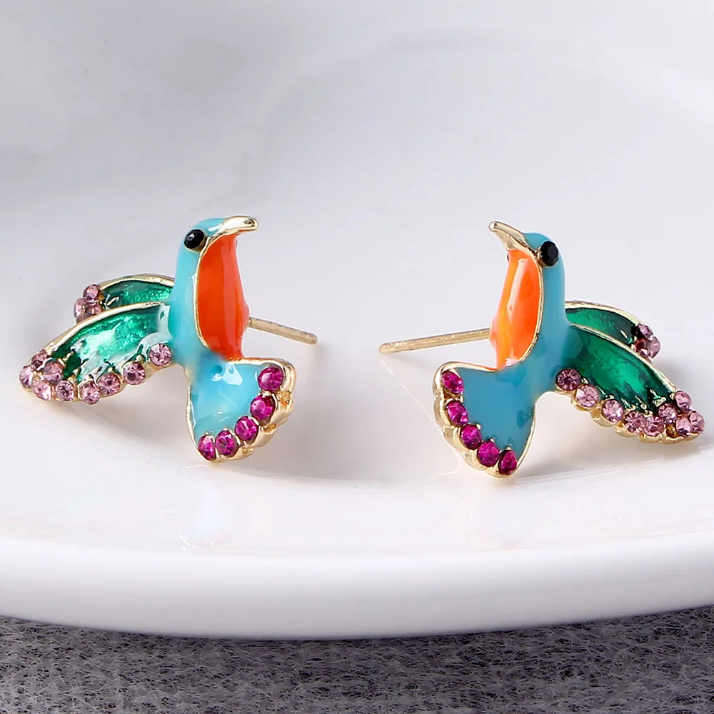 Панк Эмаль птица Серьга гвоздик с розовым прозрачным кристаллом для женщин