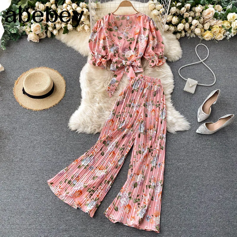 

Women Summer Bohemian Floral Set V Neck Puff Sleeve Short Tops+High Waist Pleated Wide Leg Long Pants Two Pieces Suits