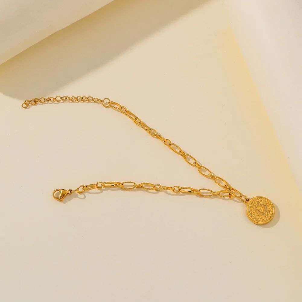 

Vintage Charm Bracelet French Titanium Steel Plated Real Gold Touching Portrait Coin Alphanumeric Tag Trend Bracelet