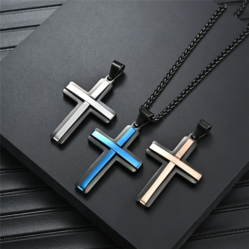 

2021 New Vintage Double Layer Cross Pendant Religiou Style Blue Color Stainless Steel Necklace for Women Charm Jewelry Gifts