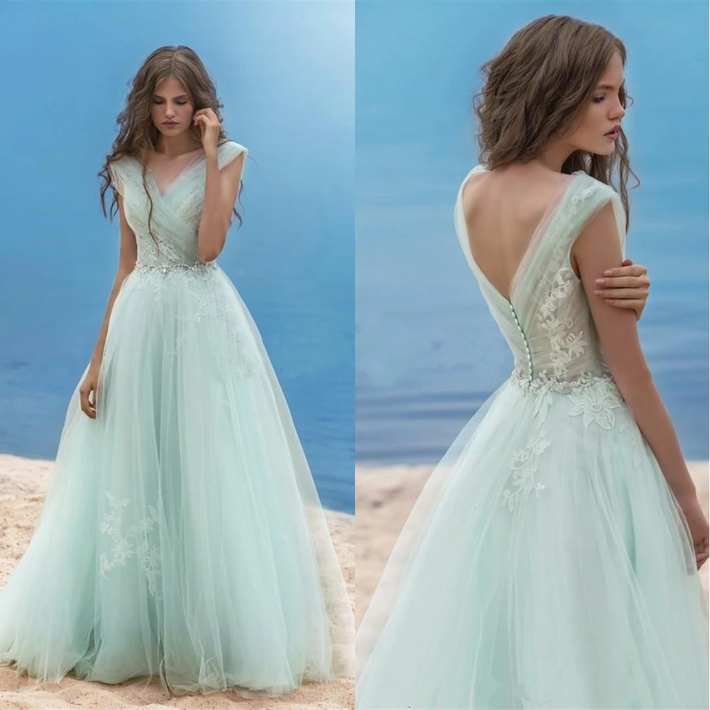 

Evening Dress V-Neck Backless Sleeveless Applique Ball Gown Floor-Length Formal Dresses Tulle Prom Party Gown NONE Train Custom
