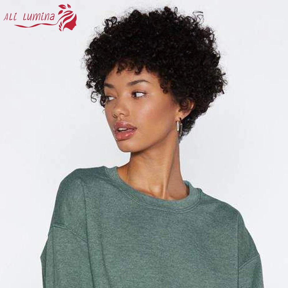 

Короткий парик Боб, кудрявый афро парик с челкой, 100% натуральные волосы для чернокожих женщин, парики без повреждений, перуанские волосы, па...