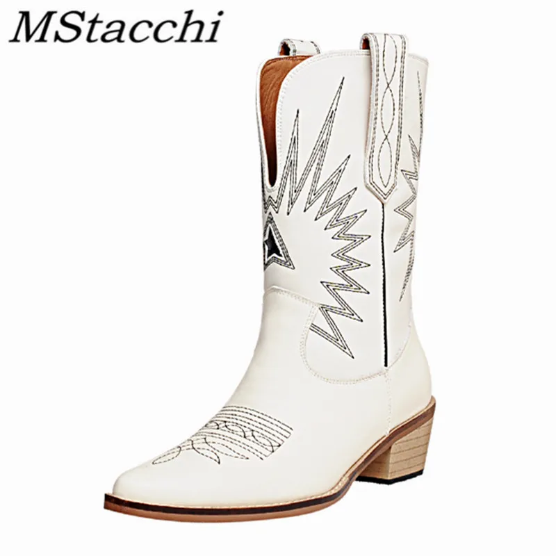 

MStacchi Retro Women's Mid-calf Boots Sewing Print Round Toe Crude Heel Solid Color Shoes Spring Autumn Short Boots For Women