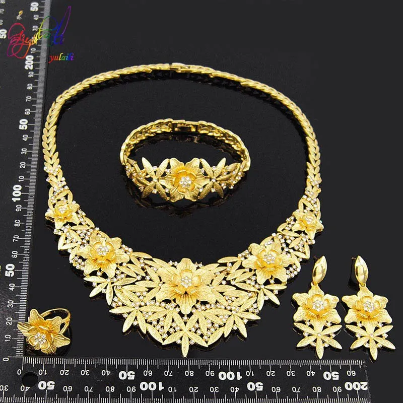 

Yulaili New Luxury Zircon Clean Crystal African Nigeria Wedding Bridal Necklace Earrings Bracelet Ring Dubai Gold Jewelry Sets