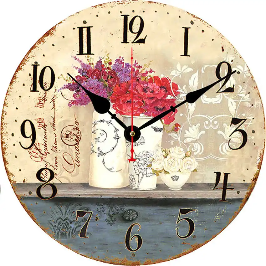 Flower Clock R Винтажные настенные часы, кухонные часы, круглые подвесные римские цифры, настенные часы, практичное украшение для гостиной - Цвет: Flower Clock R