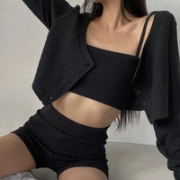two piece suits long sleeve o neck off navel t shirt stretch high waist short pant causal women pants sets 2021 autumn new