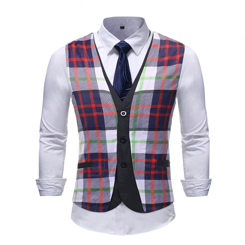 

Fashion Hit Color Plaid Suit Vest Men Brand New Slim Fit Sleeveless Waistcoat Mens Party Wedding Vests Colete Masculino 5XL
