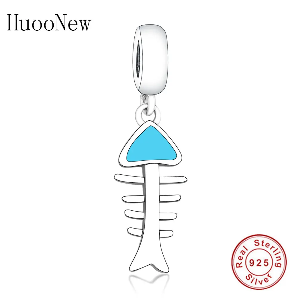 

Fit Original Pandora Charm Bracelet 925 Sterling Silver Summer Blue Enamel Sea Fish Bone Cat Bead Dangle Making Berloque 2019