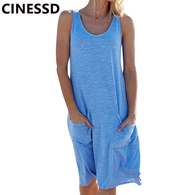 Женское трикотажное платье-майка без рукавов CINESSD голубое повседневное