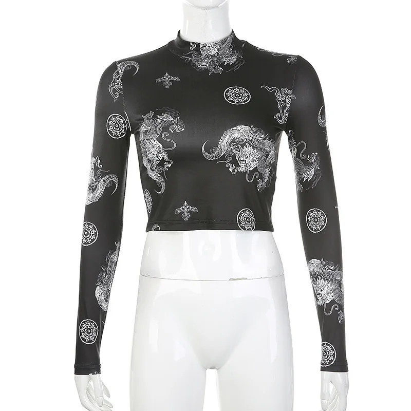 Футболка с принтом китайского дракона для фитнеса женская одежда готический