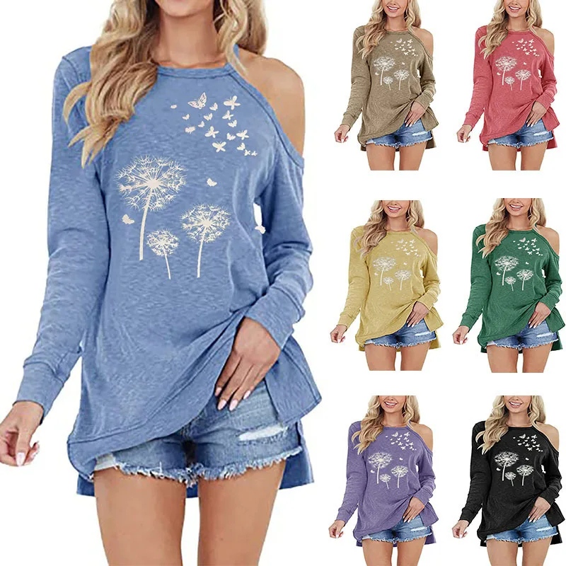 

Women Street Wear Long Sleeve Shirt Off Shoulder Fashion Dandelion Print Tees Shirts Female Autumn Tops Tshirt Camisetas Mujer
